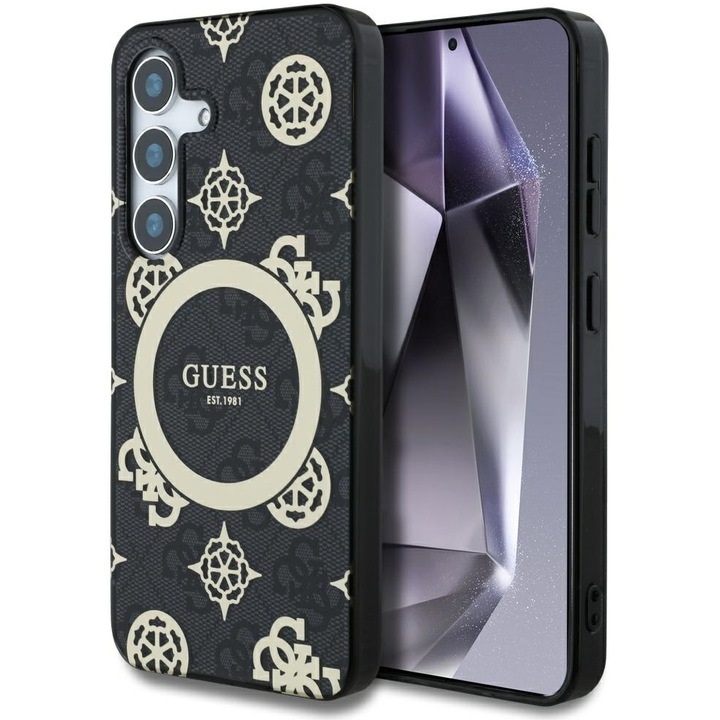 Защитен калъф Guess 4G IML Peony, За Samsung Galaxy S25, Черен