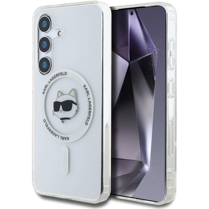 Предпазен калъф Karl Lagerfeld MagSafe IML Metal Choupette Head за Samsung Galaxy S25 Plus, Бял