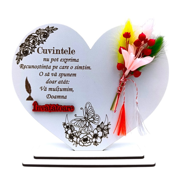 Decoratiune Inima, cadou personalizat cu mesaj standard pentru Invatatoare, dimensiune 15cm