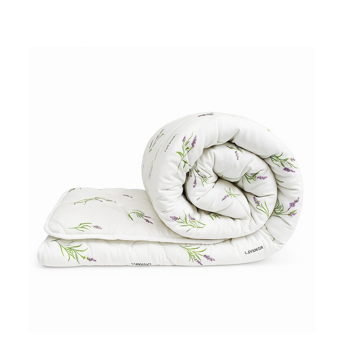 Pilota iarna antialergica lavanda LavenderDream Coneltex, dimensiuni 180x210 cm, dreptunghiulara, culoare alba, umplutura fibra siliconizata, densitate 350 g/mp
