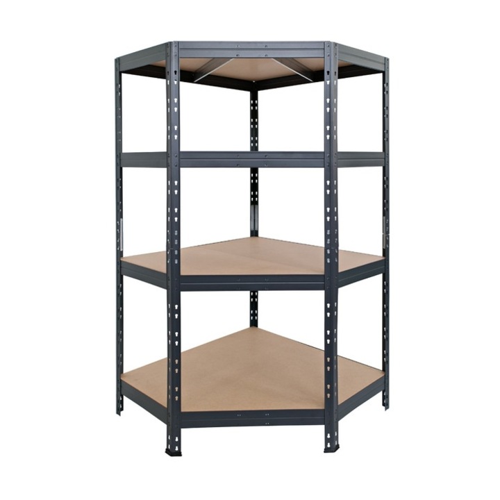 Raft metalic depozitare, de colt, Rivet Garage, 180 x 90 x 90 x 45 cm, gri, 4 polite, 250 kg/polita