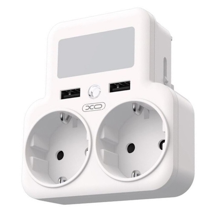 Dublu Stecher cu Slot USB, Lampa de veghe LED cu Senzor, Conector EU, XO-WL09, Alb
