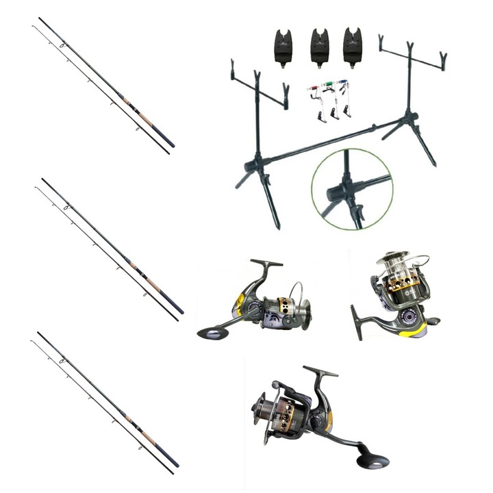 Set Pescuit, 3 Lansete Cool Angel Cannes Style, 3 metri, actiune 50-180G, 2 Segm, 3 Mulinete Cool Angel Glamour, Rod Pod, Senzori