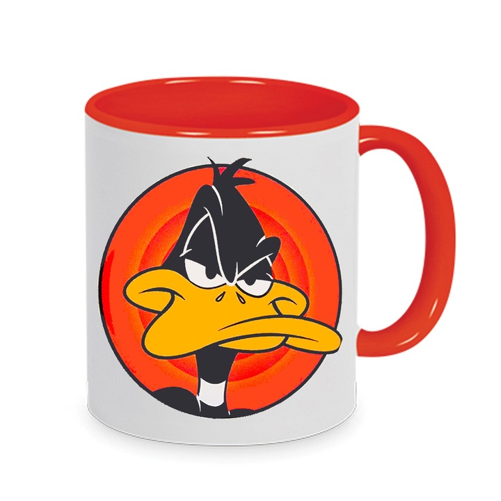 Cana ceramica Daffy Duck 330ml, alb si rosu, rezistenta la microunde si masina de spalat vase
