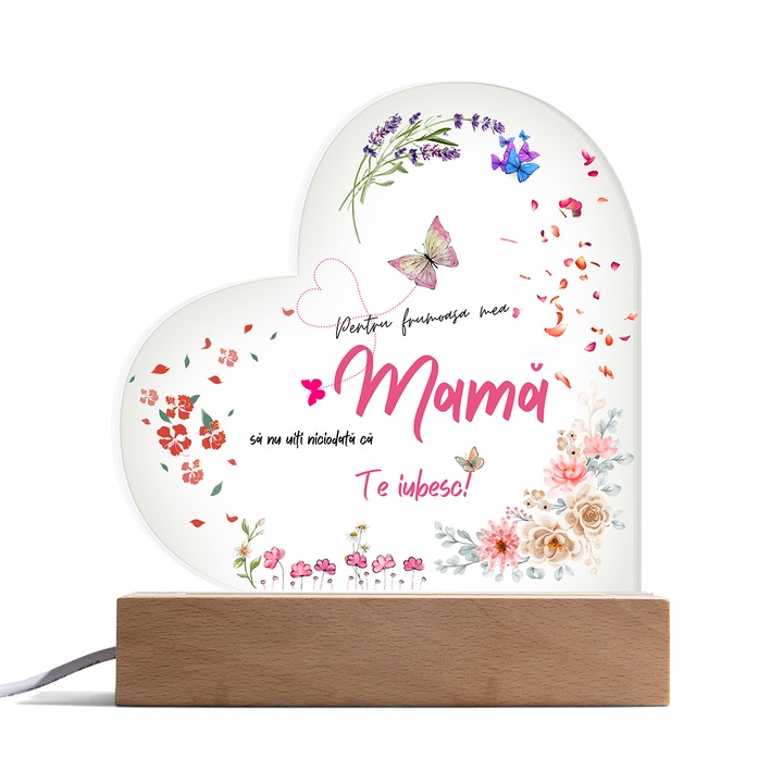 Set Cadou Pentru Mama, Joystos, Lampa din Acril Decorativa, cu Mesajul 'Pentru frumoasa mea mama. Nu uita ca te iubesc' si Card Razuibil