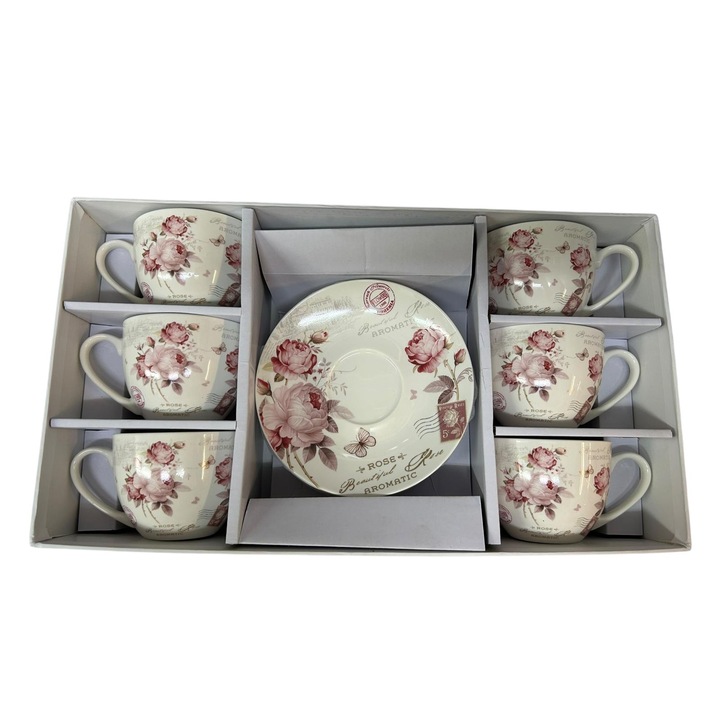 Set de 6 cani cu farfurie pentru cafea/ceai, Dady, din portelan fin, alb, cu flori roz, 250ml