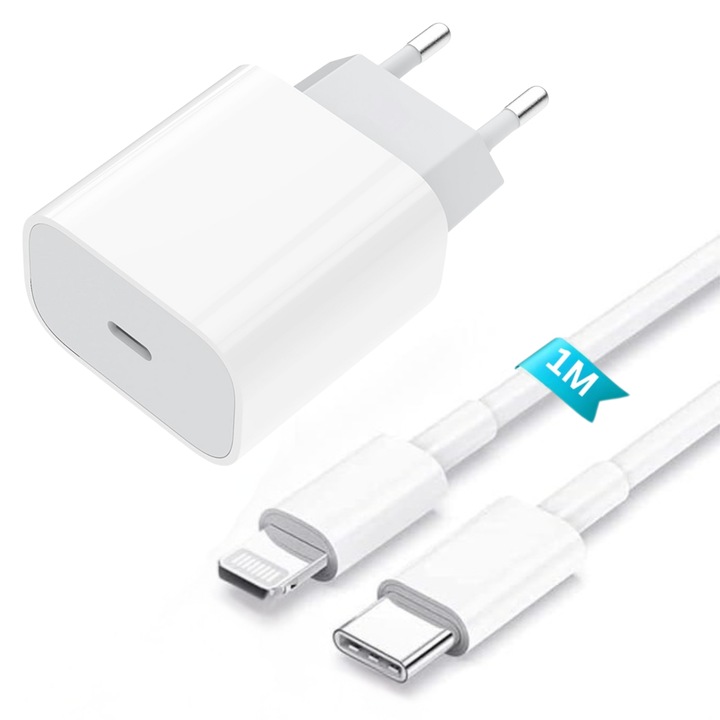 Incarcator Super Fast Charge 25W pentru iPhone 14/13/12/11/Pro/Pro Max/iPad/AirPods, cablu de date Lightning, Alb/Gri