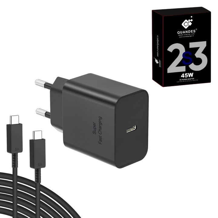 Incarcator super Fast Charge 45W PD GaN 3.0 usb C, T4510 pentru Samsung S24, S24 ultra, 1 Cablu de date 1m USB-C - C 5A