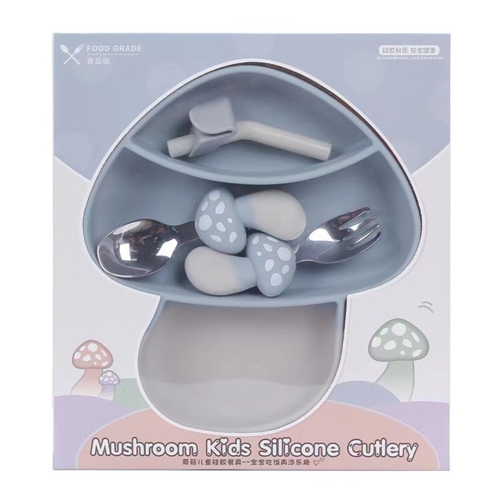 Baba kiegészítő készlet, szilikonból, 18 x 19,5 cm, 1 gomba alakú, rekeszes tányér, kanál és villa, szívószál, szívószálkefe, allergénmentes, tapadókorongos rögzítés, kreatív forma, kék