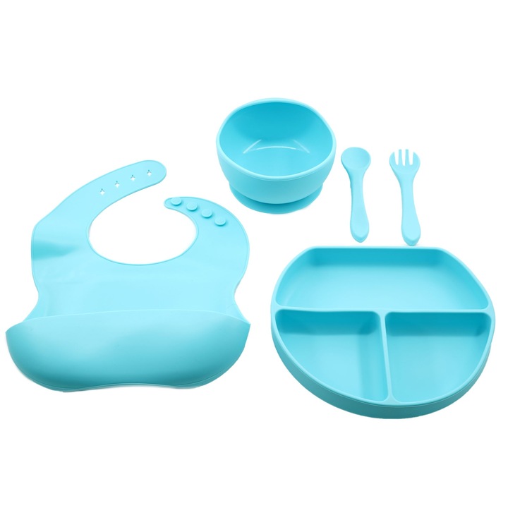 5 részes szilikon baba és gyerek diverzifikációs készlet, előke, tapadókorongos tányér, tapadókorongos tál, evőeszközök, allergénmentes, kék