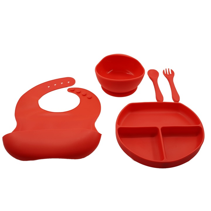 5 részes szilikon baba és gyerek diverzifikációs készlet, előke, tapadókorongos tányér, tapadókorongos tál, evőeszköz, allergénmentes, piros