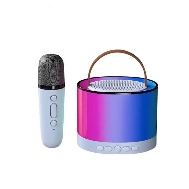 Mini aparat de karaoke portabil cu un microfon wireless si difuzor LED, culoare roz