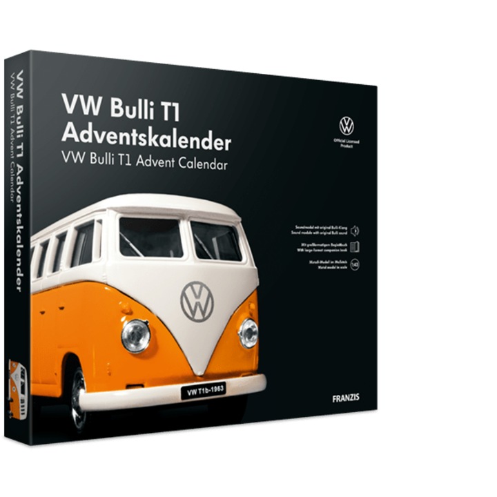 Адвент календар Franzis Volkswagen Bulli T1, модел 1:43, с оригинален звук, оранжев и бял, 19.5x8x8.5см
