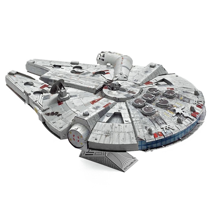 Set de constructie 3D Metal Earth Star Wars Millenium Falcon, 137 piese, 14,3x10,6x6,5cm, dificultate 6