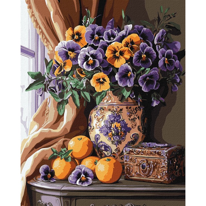 Set pictura pe numere, cu sasiu, Vaza cu panselute, 40x50 cm