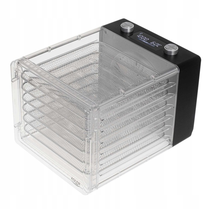 Deshidrator pentru ciuperci, Adler, Ierburi si alimente, 600W, Constructie pliabila, Interval de temperatura 30-75°C, 6 programe automate, Alb/Inox, Dimensiuni 426 x 312 x 293 mm
