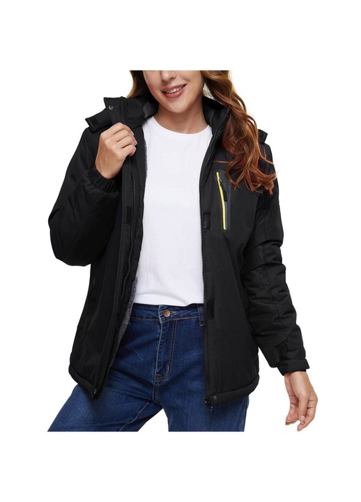 Jacheta iarna pentru femei, calduroasa, rezistenta la vant, frig si apa, cu gluga detasabila, neagra, Negru