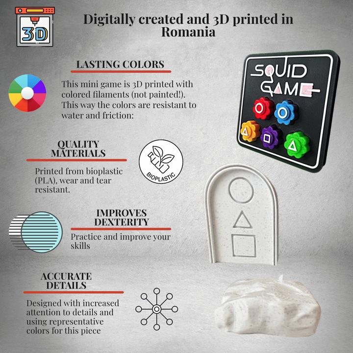 Комплект от 2 корейски игри Squid Game: Gonggi, Biseokchigi - Flying Stone, многоцветни, пластмасови, 3D принтирани