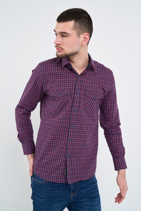 Lee Cooper, Camasa in carouri, cu buzunare pe piept, Rosu inchis/Bleumarin