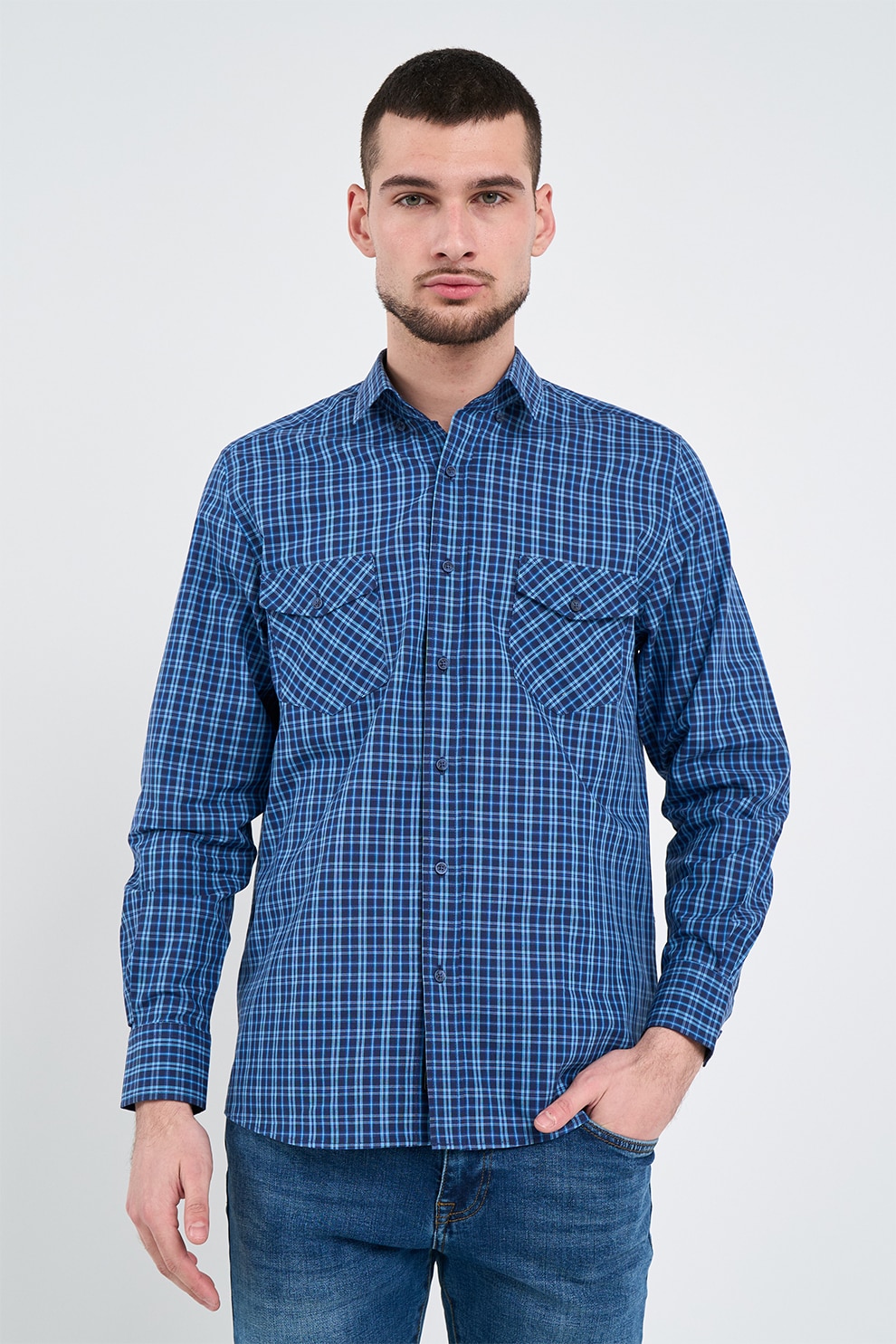 Lee Cooper, Camasa in carouri, cu buzunare pe piept, Albastru inchis, L