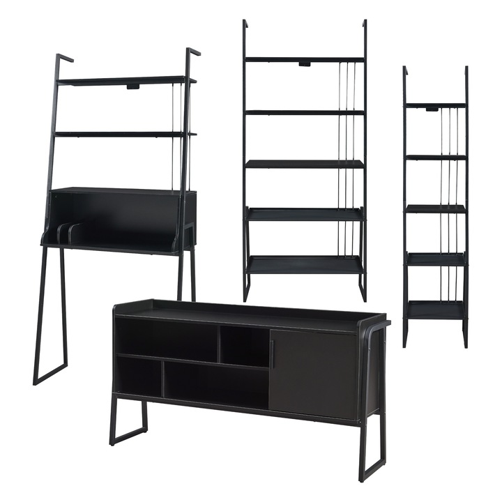 Set 2 rafturi, 1 dulap, 1 birou, en.casa, B4 Storfjord, 183,5 x 80 x 40 cm, metal, pal, negru