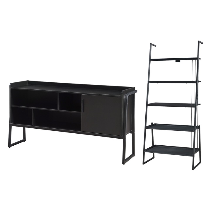 Set raft si dulap, en.casa, G Storfjord, 183, 5 x 80 x 40 cm, metal, pal, negru