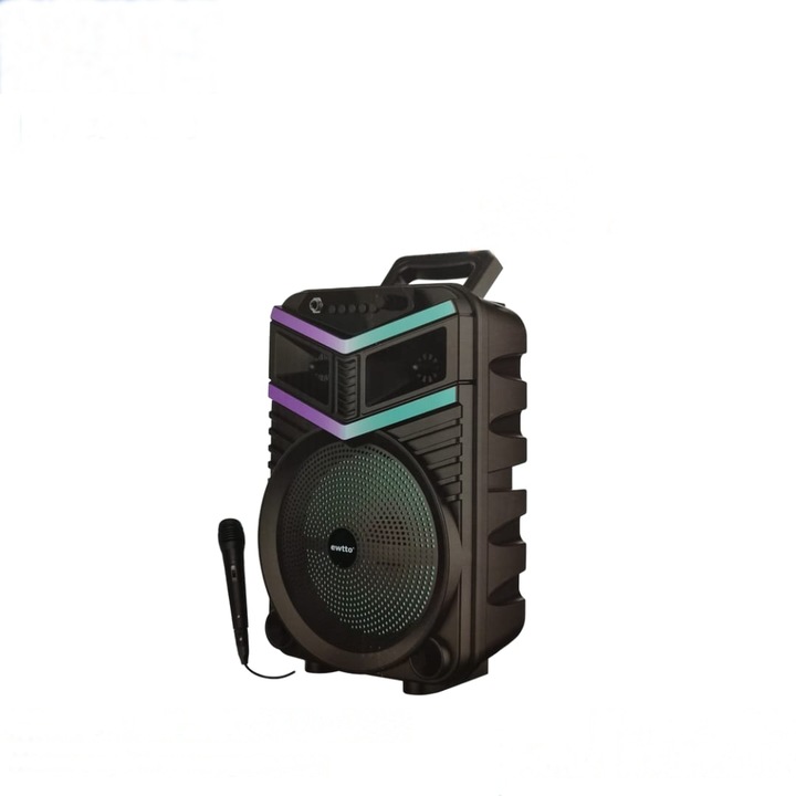 Преносима колонка с RGB светлини, с дръжка, 10W мощност, MP3, USB, bluetooth, TF, WIFI, слот за микрофон, караоке, батерия, черна