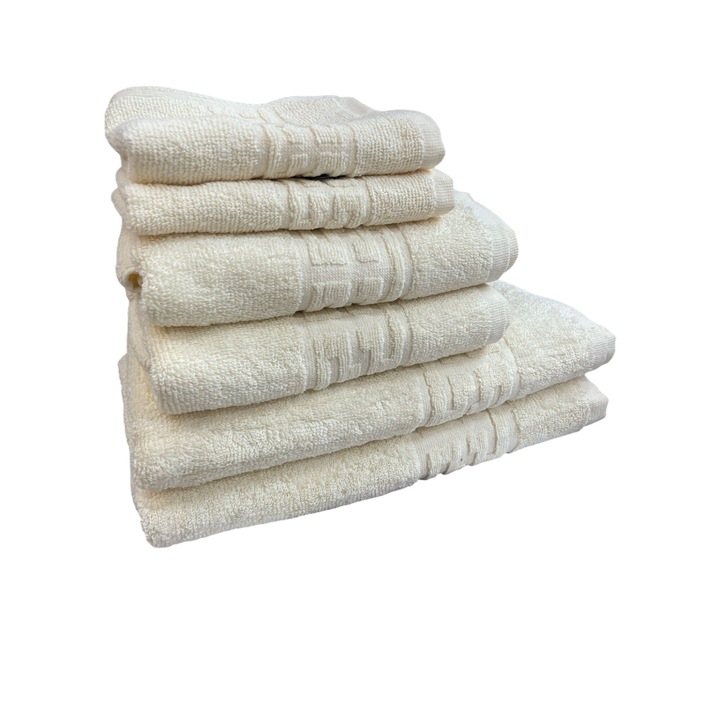 Set 6 prosoape din Bumbac 100% model Greek 500 gr/ m², 2 x 70x130 cm, 2 x 50 x 90 cm si 2 x 30 x 50 cm, Ivoire