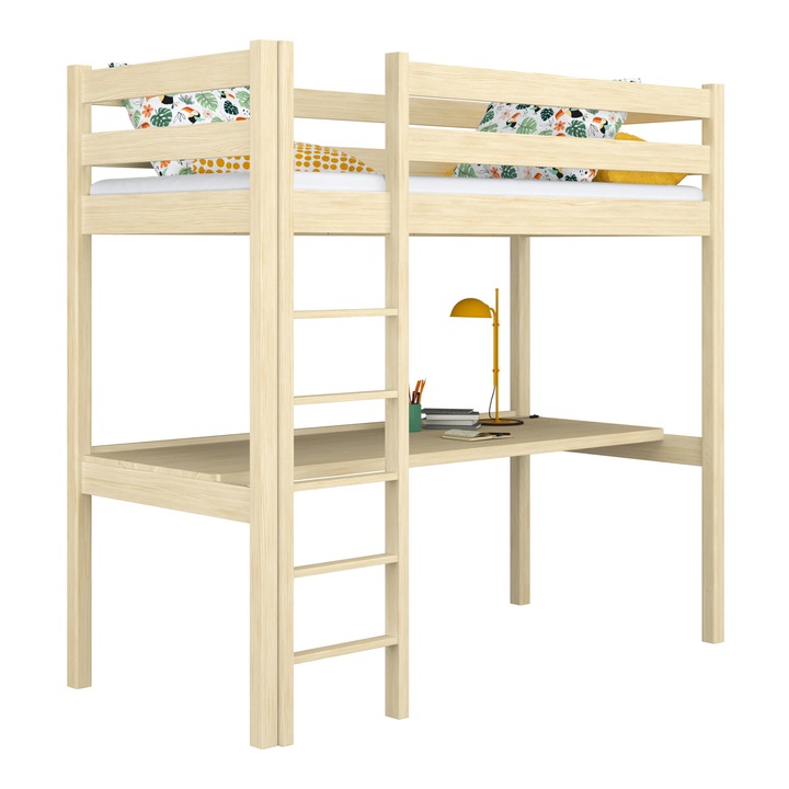 Pat cu birou N-Wood N05, 90x200 cm, lemn de pin, 200 kg, inaltime 195 cm