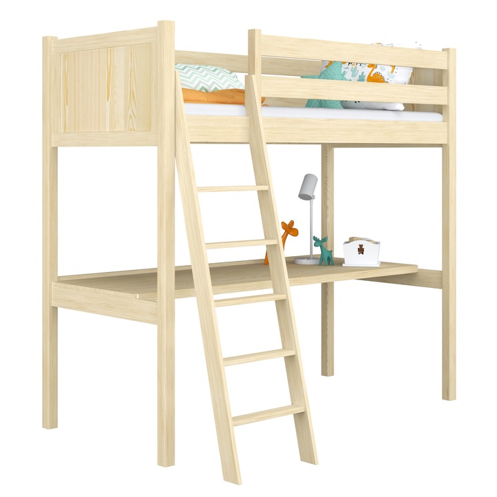 Легло с бюро N-Wood N04, 90x180 см, борова дървесина, 200 кг, височина 195 см