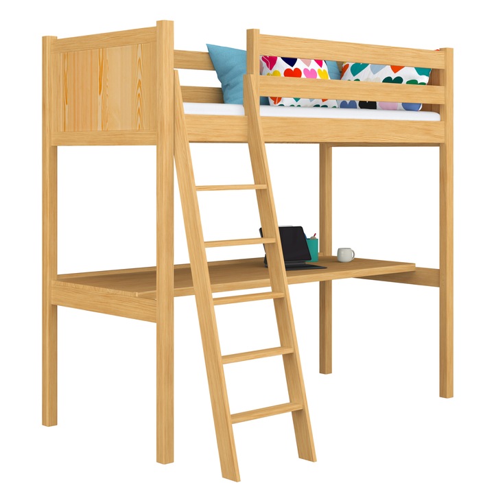 Легло с бюро N04, N-Wood, дървено, двуетажно, 80x200 см, 200 кг, натурален цвят, размери 208x88x195 см