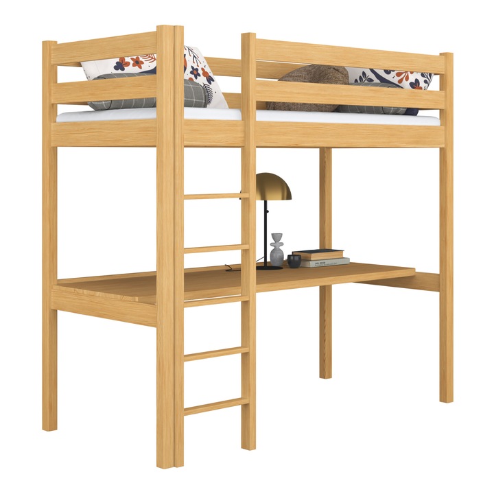 Двуетажно легло с бюро N-Wood, 80x180 см, борова дървесина, капацитет 200 кг, височина 195 см