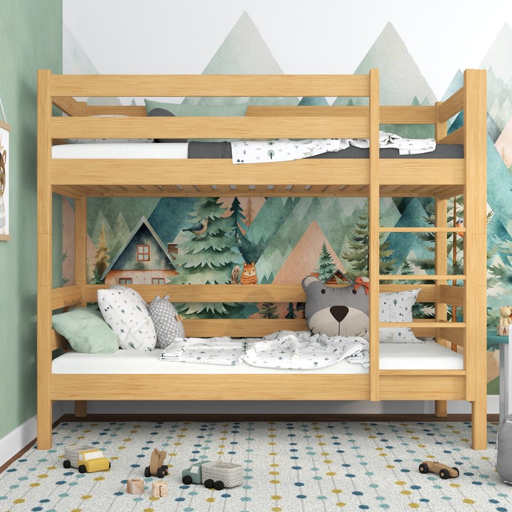 Дървено двуетажно легло N01, 90x200 см, 200 кг, без чекмедже, с подматрак