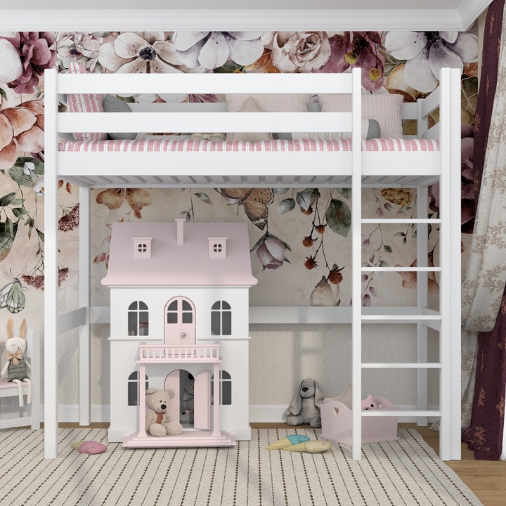 Дървено двуетажно легло N05, N-Wood, 90x200 см, 200 кг, с бюро, естествен