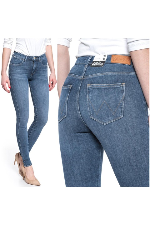 Blugi Dama, Wrangler, Super Skinny 24/32, Bumbac, Zipper, Lung, 5 Buzunare 2 Mari 2 Medii Exterioare1 Mic Interior, Talie Medie, Albastru