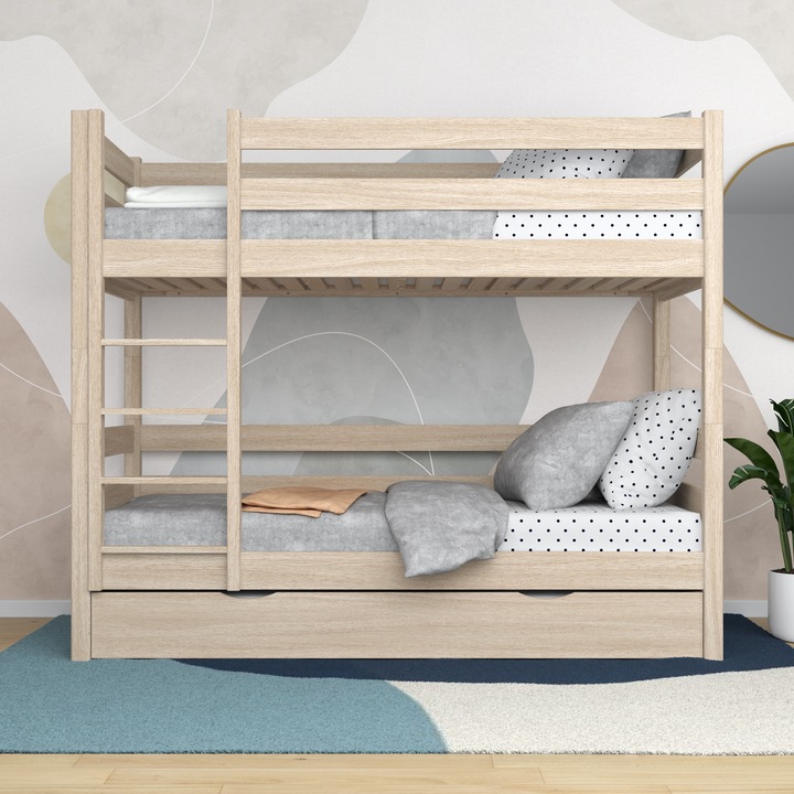 Дървено двуетажно легло с горен матрак N-Wood N01, 120x200 см, капацитет 200 кг, модерен дизайн, естествен цвят