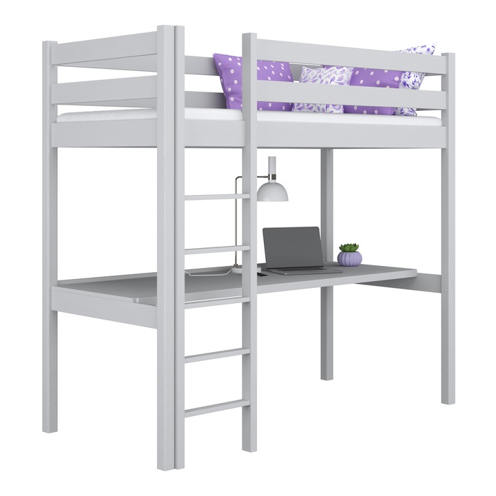 Двуетажно легло с бюро N05, N-Wood, 80x200 см, борова дървесина, капацитет 200 кг, естествен цвят