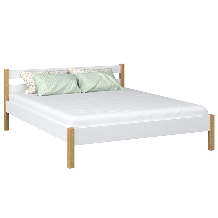 Pat din lemn N-Wood 180x200 alb, cu suport pentru saltea, capacitate 400 kg