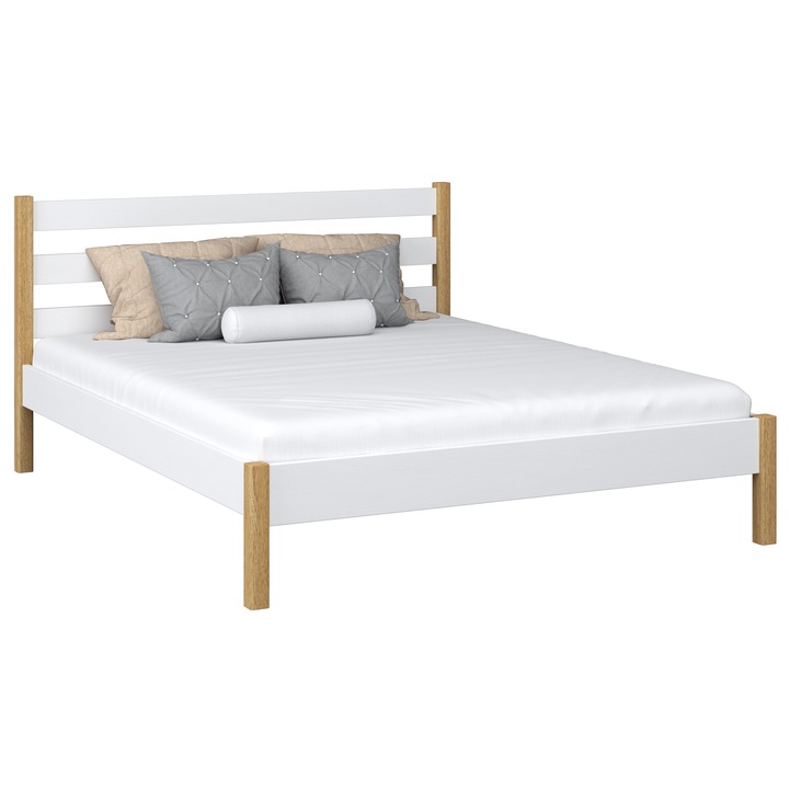 Pat dublu N-Wood, 140x200cm, alb, cu suport pentru saltea
