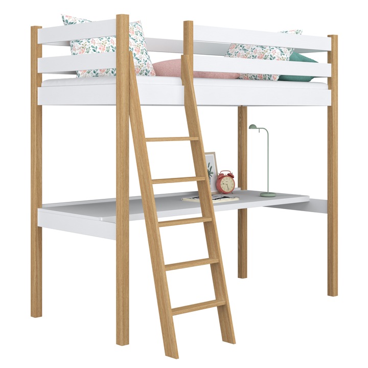 Двуетажно легло с бюро N03, 100x200 см, бор и дъб, капацитет 200 кг, естествен цвят