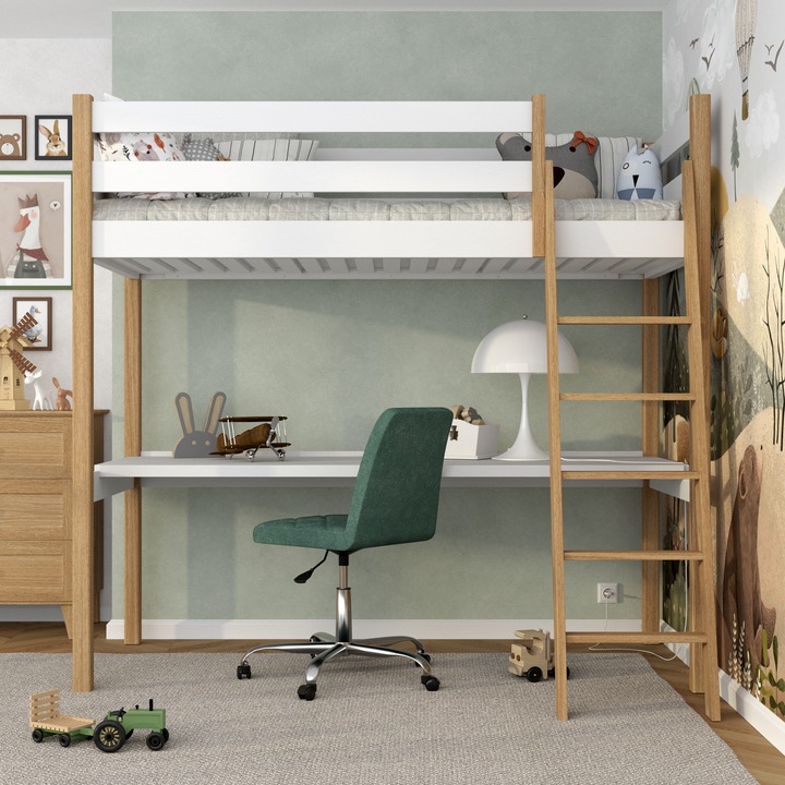 Двуетажно легло с бюро N03, 100x200 см, бор и дъб, капацитет 200 кг, естествен цвят