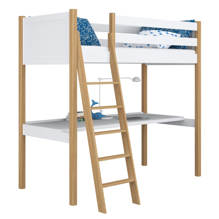 Pat cu birou N04, N-Wood, 100x200 cm, lemn de pin si stejar, 200 kg, alb