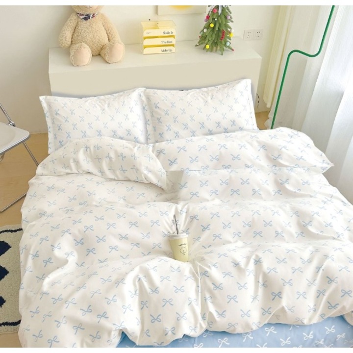 Lenjerie pat, Imprimeu Fundite, 4 piese, 1 persoana, 155x220cm, Finet Satinat, Alb-Albastru