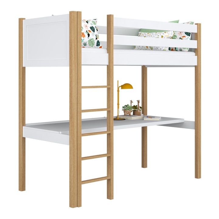 Двуетажно легло с бюро, N-дърво, 90x180