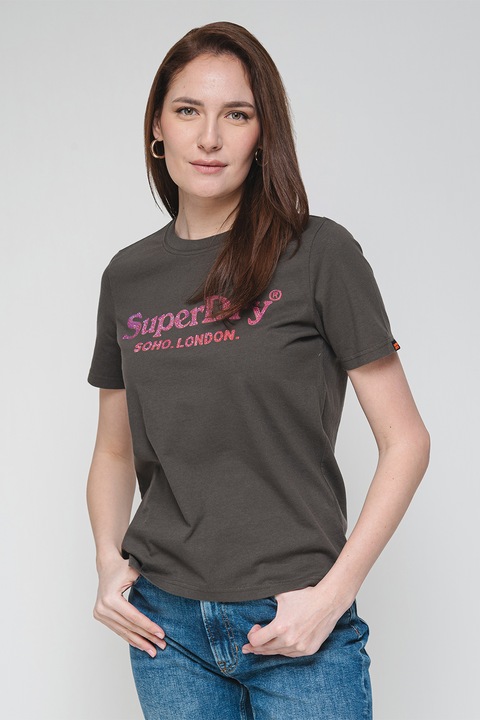 Superdry & Co, Тениска с овално деколте и декоративни камъни, Розово/Антрацитно сиво