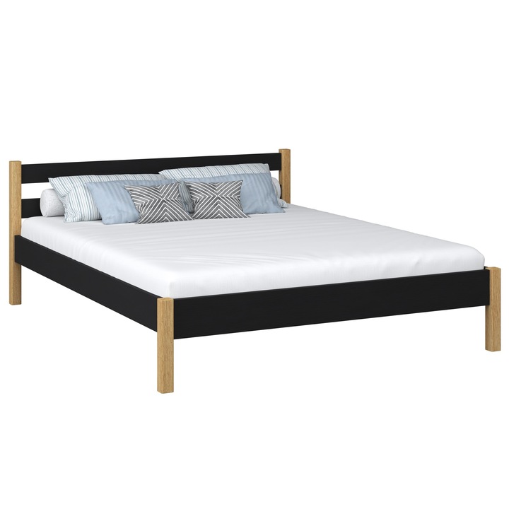 Pat din lemn N-Wood, 140x200cm, negru, suporta 400kg, cu suport pentru saltea