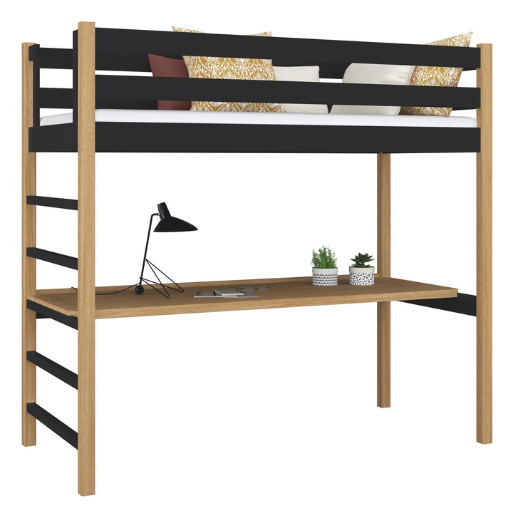Двуетажно легло с бюро N01, 80x180 см, бор и дъб, капацитет 200 кг, естествен цвят