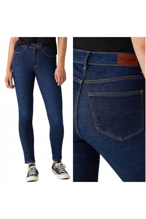 Blugi Dama, Wrangler, High Rise Skinny 28/32, Bumbac, Zipper, Lung, 5 Buzunare 2 Mari 2 Medii Exterioare1 Mic Interior, Talie Inalta, Albastru