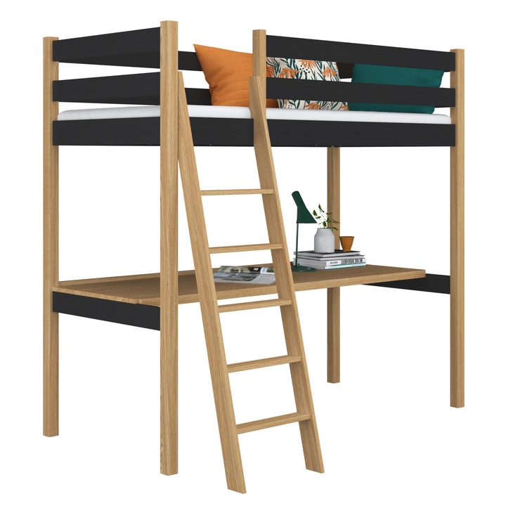 Дървено двуетажно легло с бюро N03, 120x180 см, 200 кг, естествен цвят, външни размери 188x128x195 см