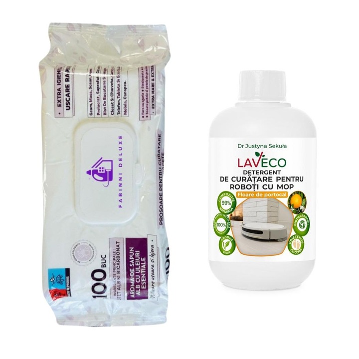 Detergent pentru aspirator Robot cu mop Universal de portocale Bio (100% Natural)-100 spalari -0.5 L, hipoalergenic, sigur pt copii si animale-este Universal+Servetele cu Bicarbonat si Otet si Uleiuri esentiale pt multisuprafete 100 Buc